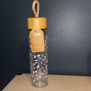 Glass Water Bottle with Bamboo Lid - White Leaf Design
